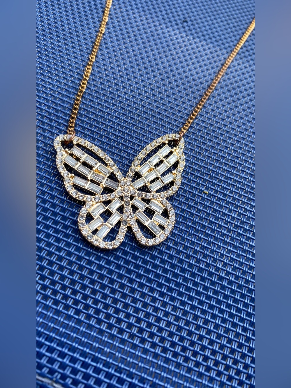 Gold Butterfly Pendant Necklace with Clear Stones